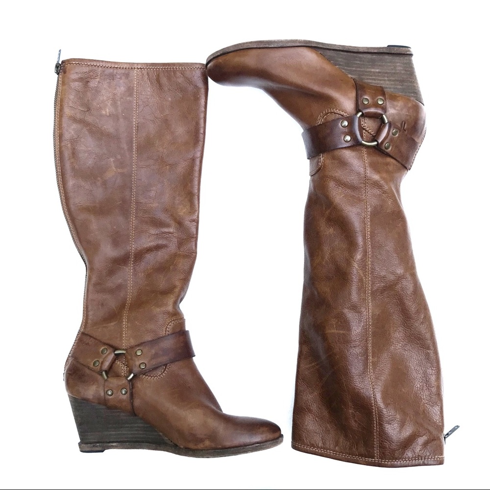 Frye Brown Leather Harness Knee High Wedge Boots